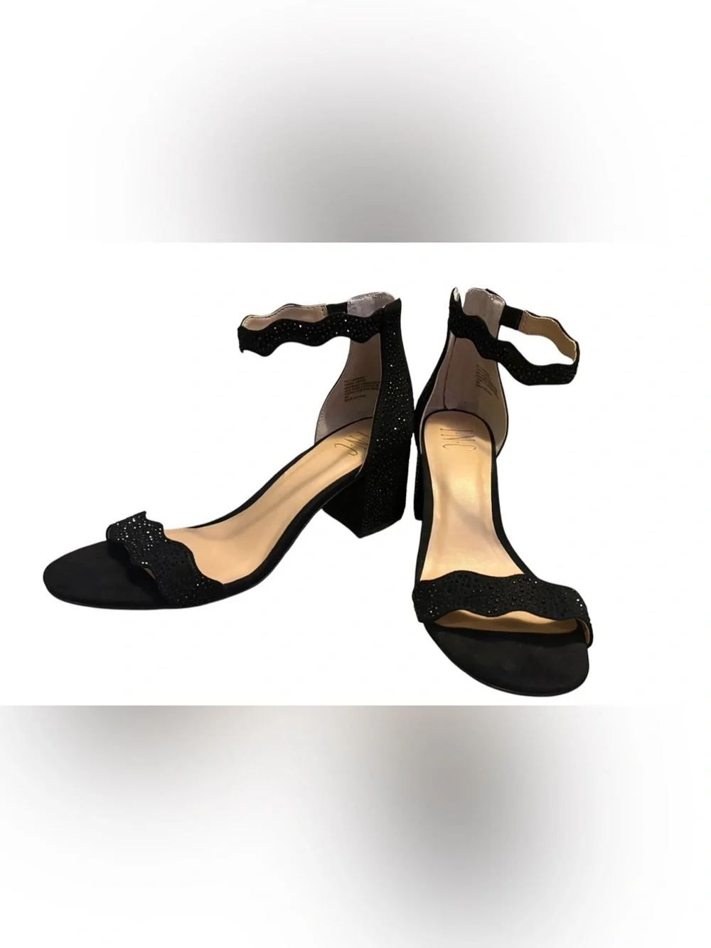 INC Hadwin Crystal Block Heel Sandals Size 8 Black Rhinestone Ankle Strap Party